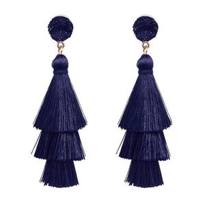 Womens Crystal Navy Blue Tassel 3 Tier Dangle Vintage Earrings Jewelry Brand New